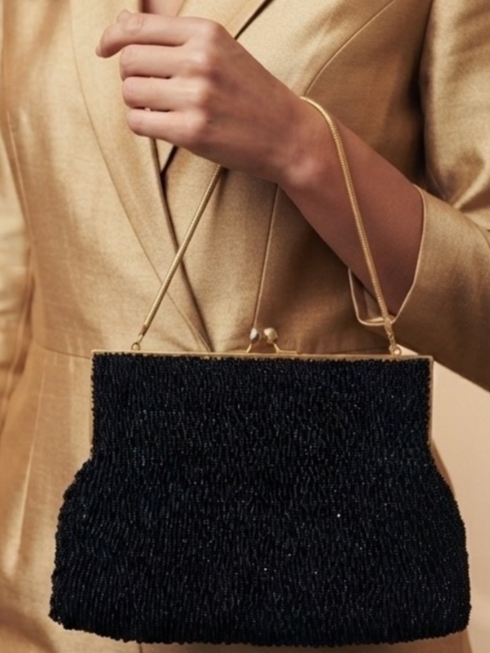 Vintage 1950s Goldco Black Beaded Clutch Evening Bag with Gold Chain